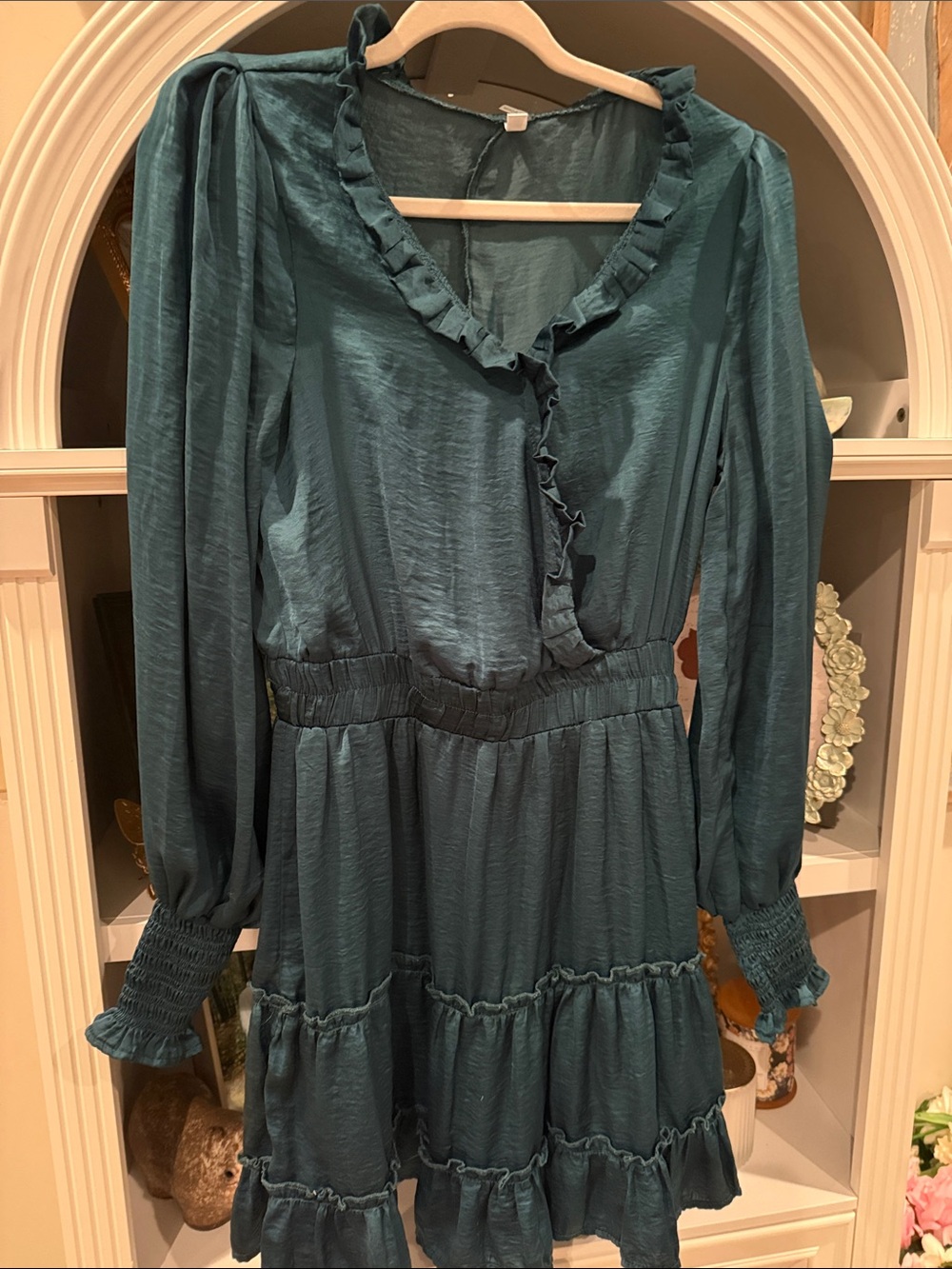 glam Teal Ruffle V-Neck Long Sleeve Tiered Dress